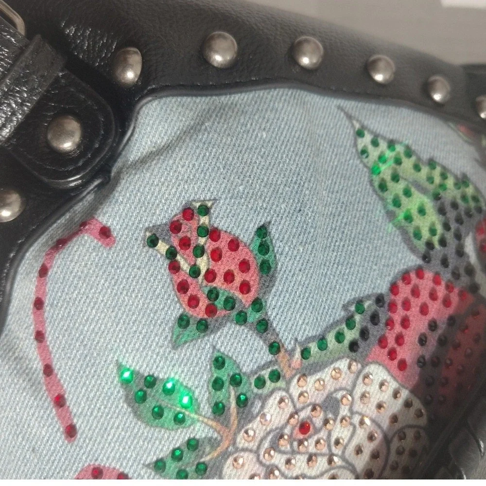 Ed Hardy Hobo Bag Skull Roses Rhinestone Denim‎ Leather Shoulder Bag Women